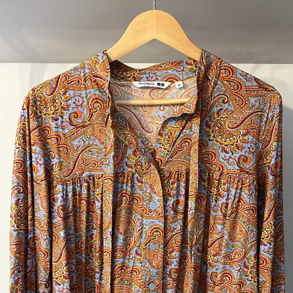 JW ANDERSON Blue Paisley Button-Front Dress with Rust and Mustard Accents